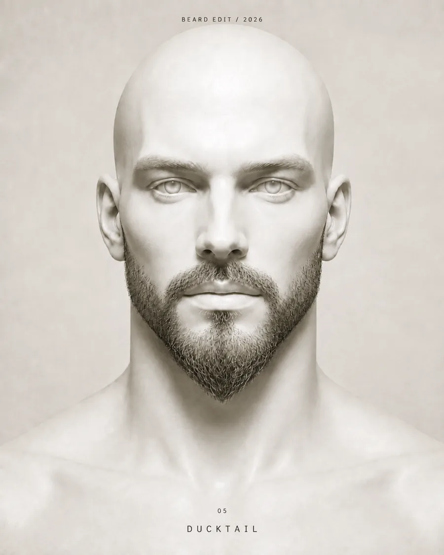 Ducktail Beard shown on a front-facing studio portrait