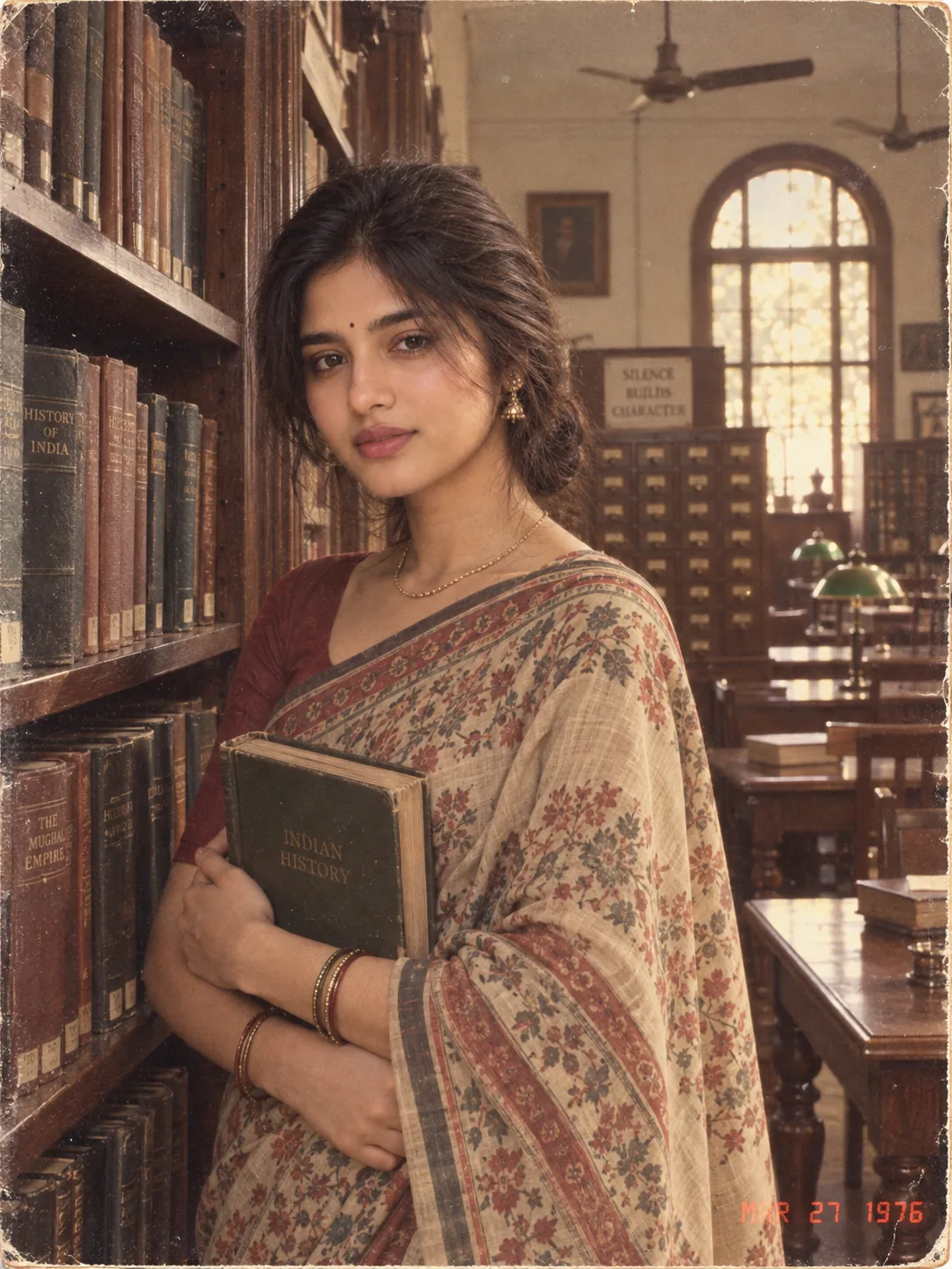 1976 heritage library portrait made with an AI prompt — a young woman in a printed beige saree with a red floral border and a maroon blouse holds a green hardbound book titled Indian History to her chest beside tall wooden shelves of old hardbound books, with card-catalogue drawers, green-shaded reading lamps and a tall arched window behind her, on an aged print with worn corners stamped MAR 27 1976