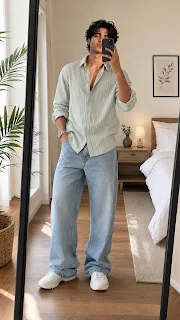 College outfit for boys with thin stripe shirt and baggy jeans