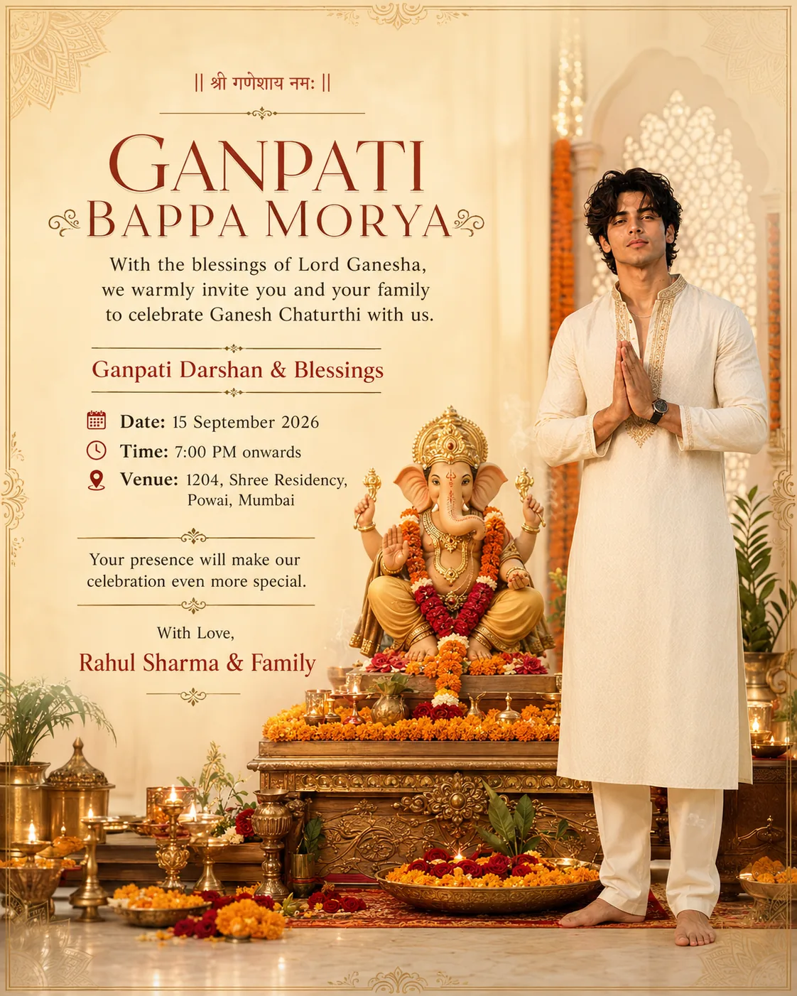 Ganpati Bappa invitation card made with an AI prompt — a decorated Lord Ganesha idol with marigold flowers and diyas, a man in a cream kurta beside it, and gold invitation typography with date, time and venue