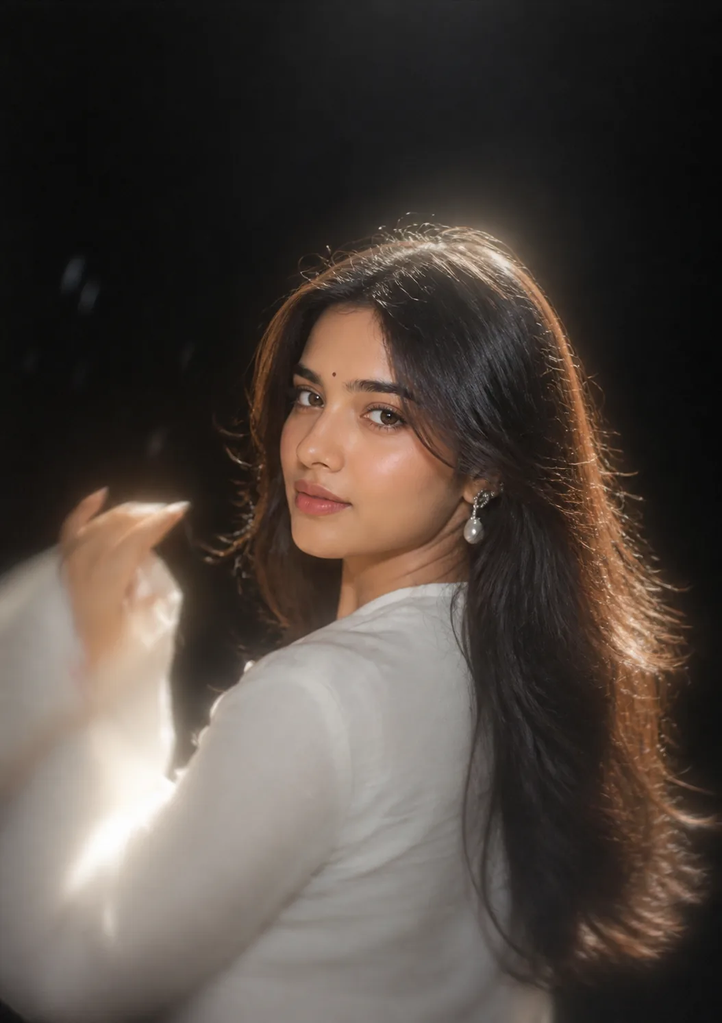 Glowing cinematic portrait made with an AI prompt — a woman with long dark hair looking back over her shoulder against a black background, backlight glowing through her hair, in a white long-sleeve top with a pearl drop earring