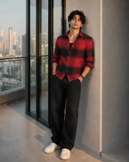Red and black buffalo check shirt worn with black jeans and white sneakers