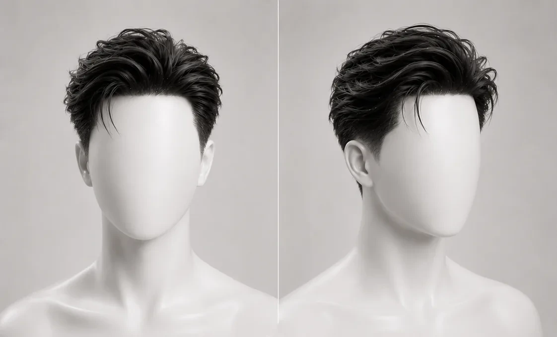 Render of a brush back hairstyle, thick hair swept backwards with matte texture and tapered sides