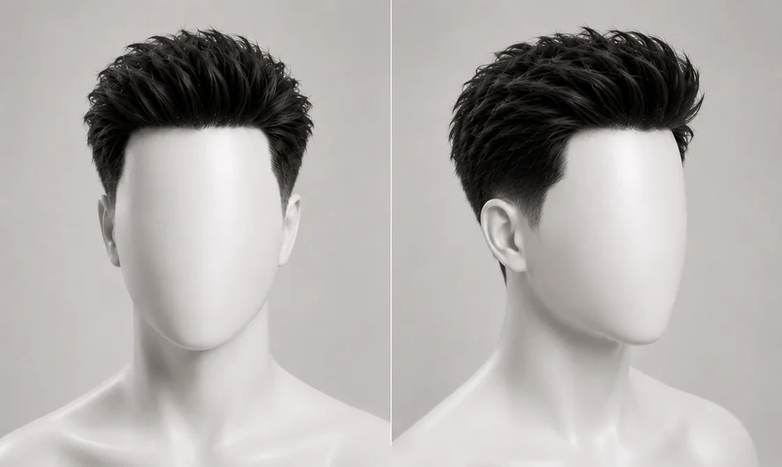 Render of hair brushed upward into textured height on top and sides tapered low near the ears, three-quarter view showing the lift