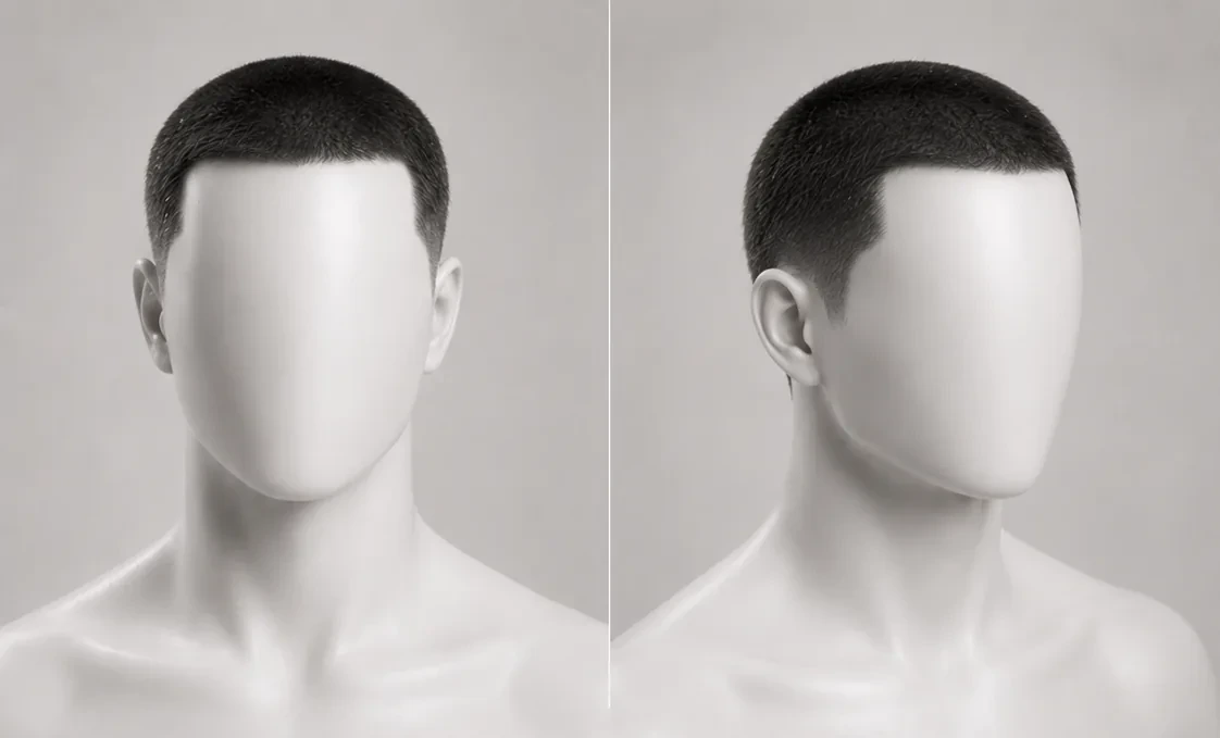 Render of a buzz cut, hair clipped short and even across the head with a clean neckline, front and side view in daylight