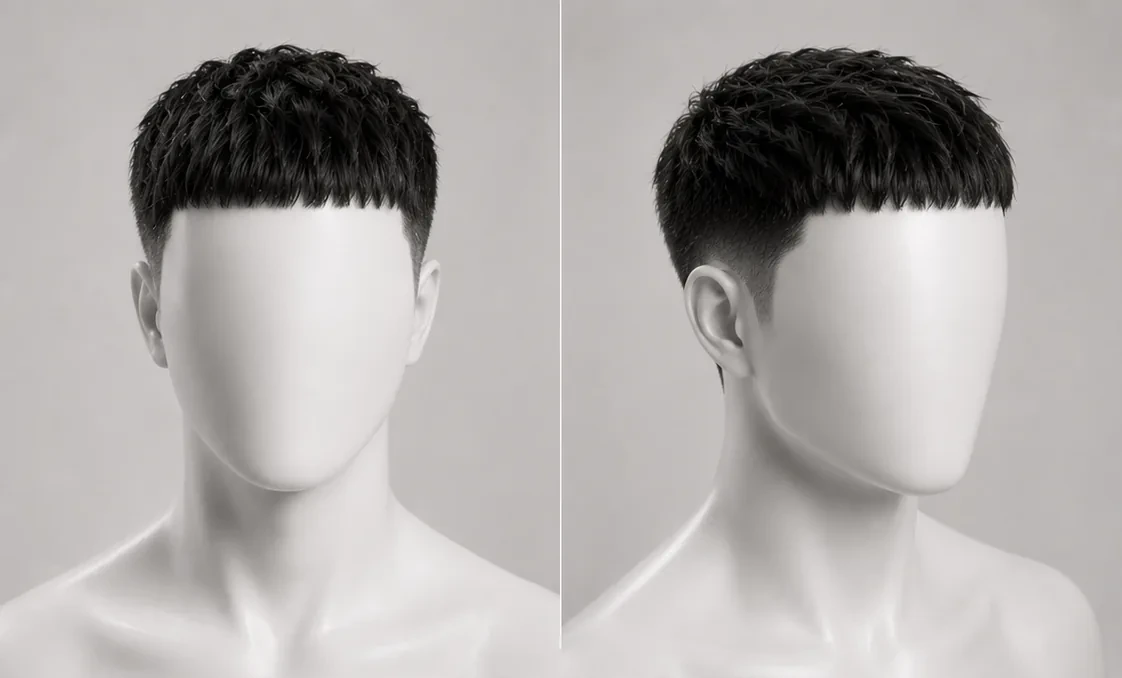 Render of a Caesar cut, short hair with a straight blunt forward fringe