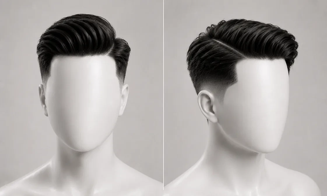 Render of a side-part comb-over, hair parted and swept across with tapered sides
