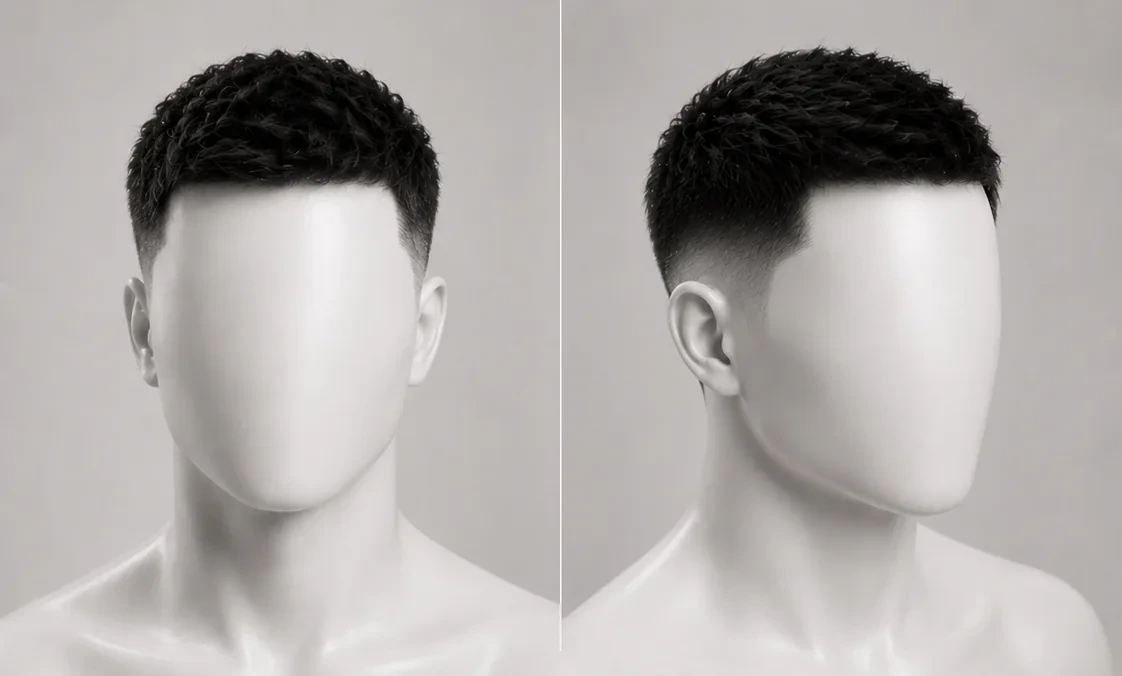 Render of a classic crew cut, short top slightly longer at the front and tapered sides, three-quarter view