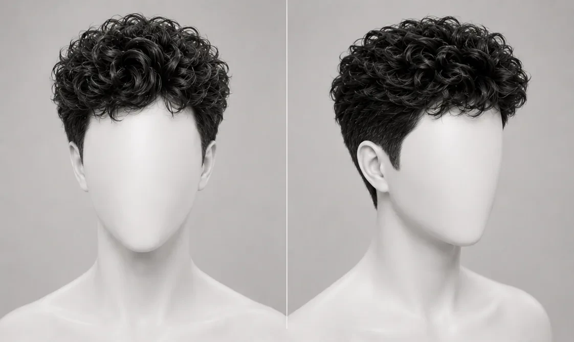 Render of curly top haircut and scissor-cut sides