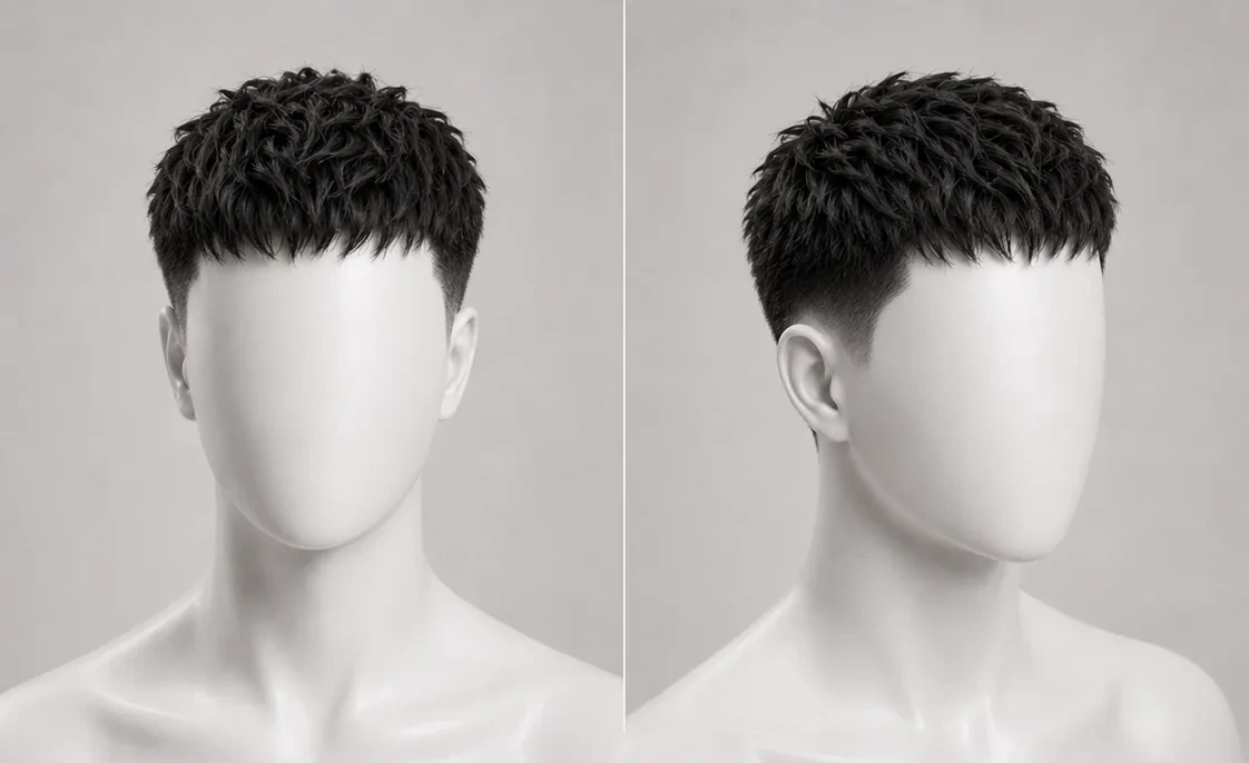 Render of a textured French crop haircut, blunt fringe pushed forward and short faded sides