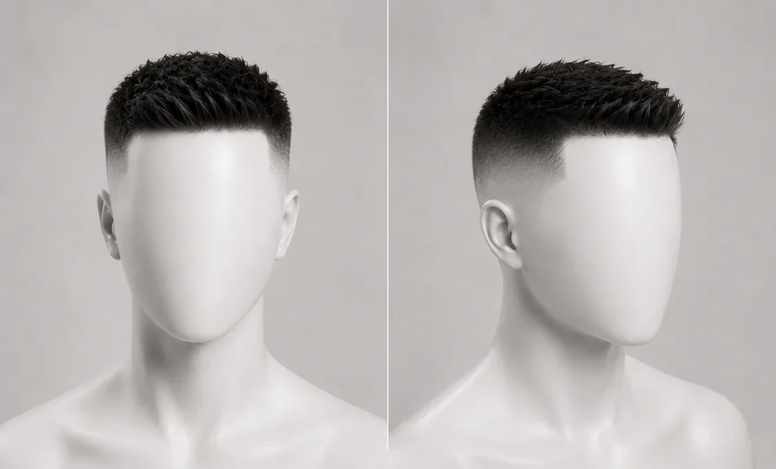 Render of a high and tight haircut, very short top over high faded sides