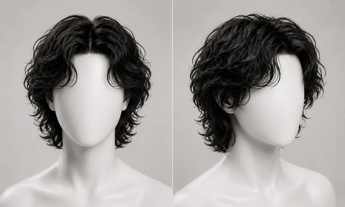 Render of medium curly layers, defined curls with volume around the jaw