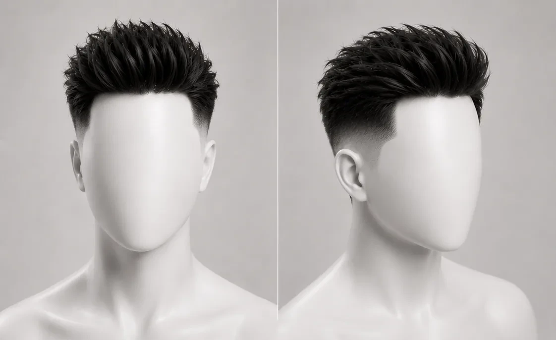 Render of a mid fade haircut, sides blending from the temple down to skin above the ear, shown front-on and from three-quarters