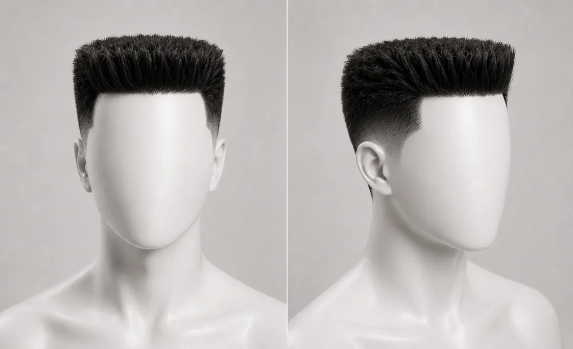 Render of a modern flat top haircut, level flat plane on top with faded sides