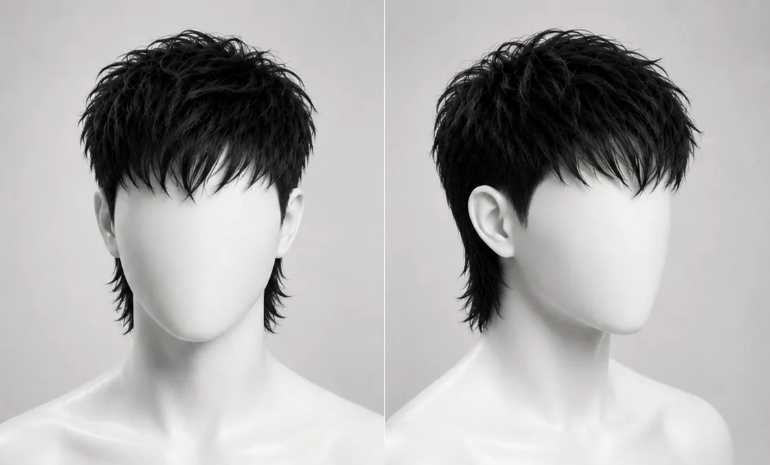 Render of a modern mullet, short blended sides and textured top with longer hair falling past the collar at the back, shown front-on and from three-quarters