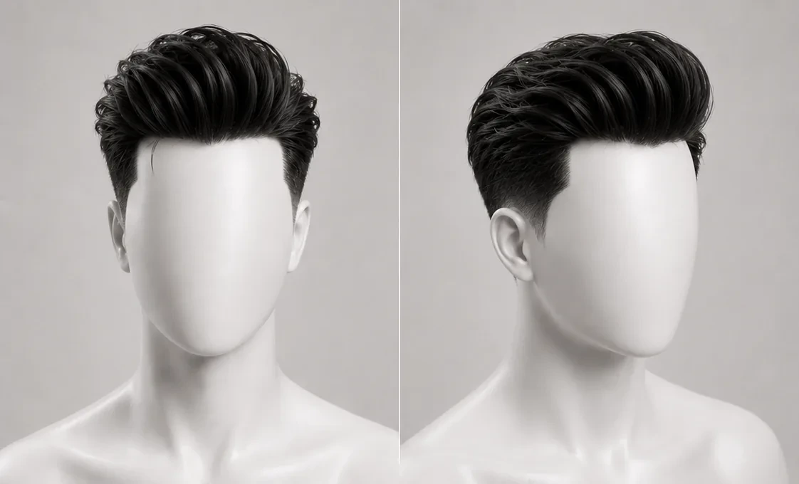 Render of a pompadour haircut, tall rounded volume swept up and back at the front with short tapered sides, three-quarter view showing the height