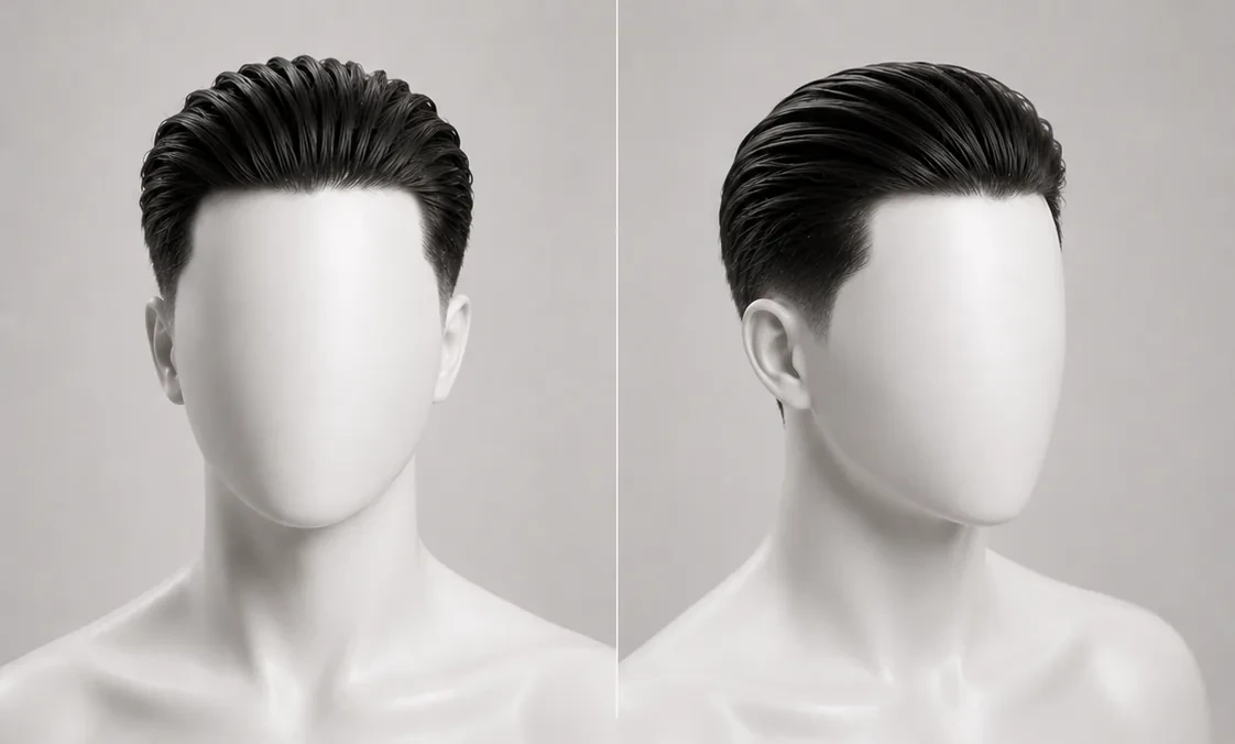 Render of a slick back taper haircut, hair combed straight back with tapered sides