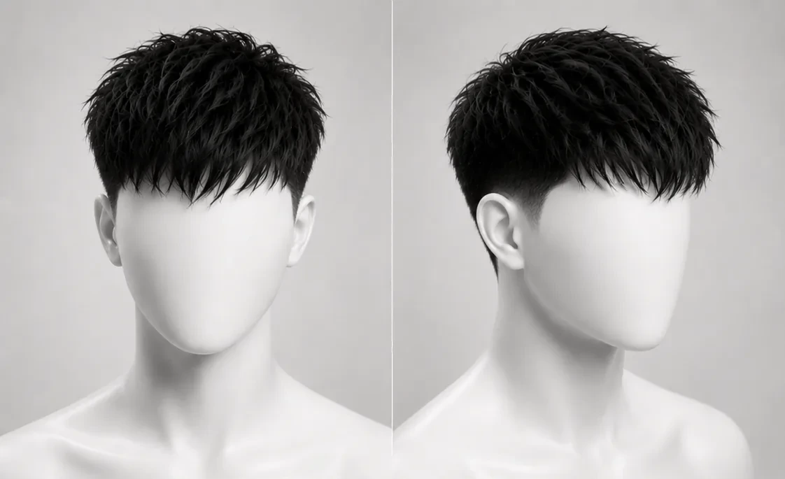 Render of a textured crop haircut, choppy hair pushed forward into a short fringe over the forehead with short tapered sides