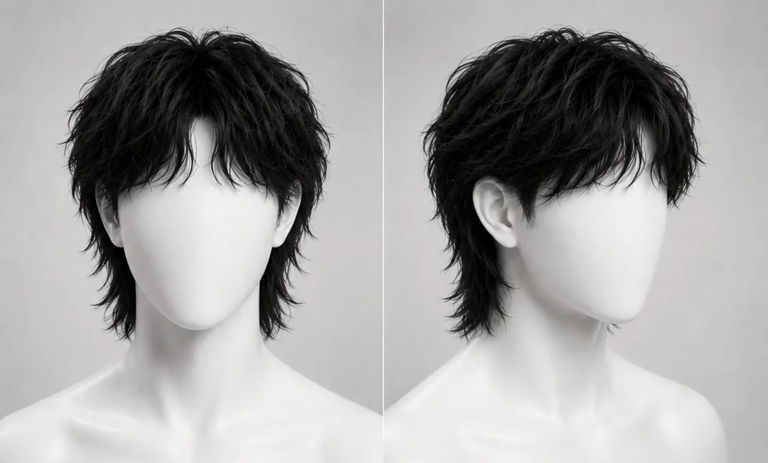 Render of a wolf cut, medium-length shaggy layered hair with volume at the crown and wispy ends falling towards the jaw, side view