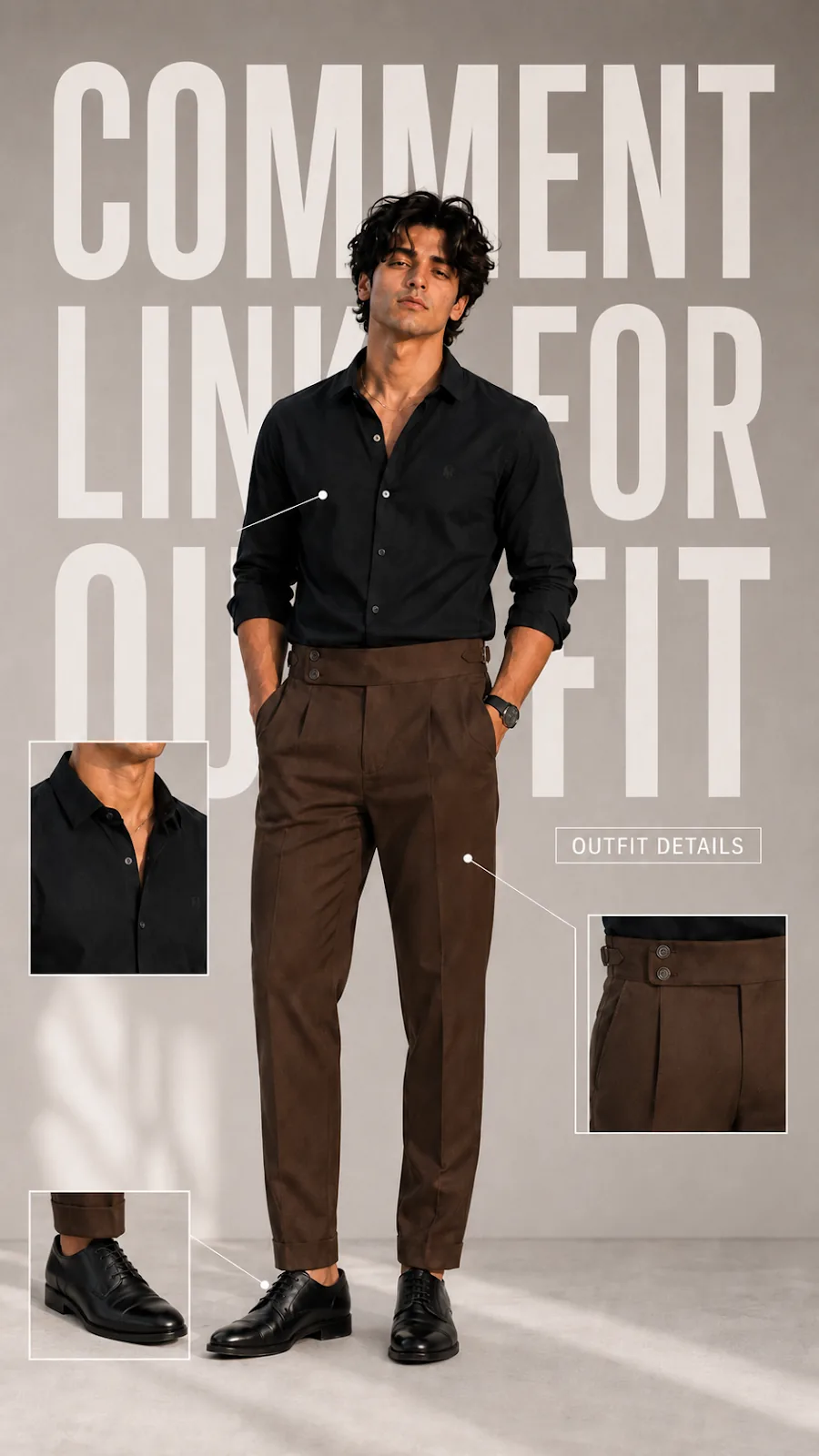 Black shirt with high-waisted brown trousers and black cap-toe shoes