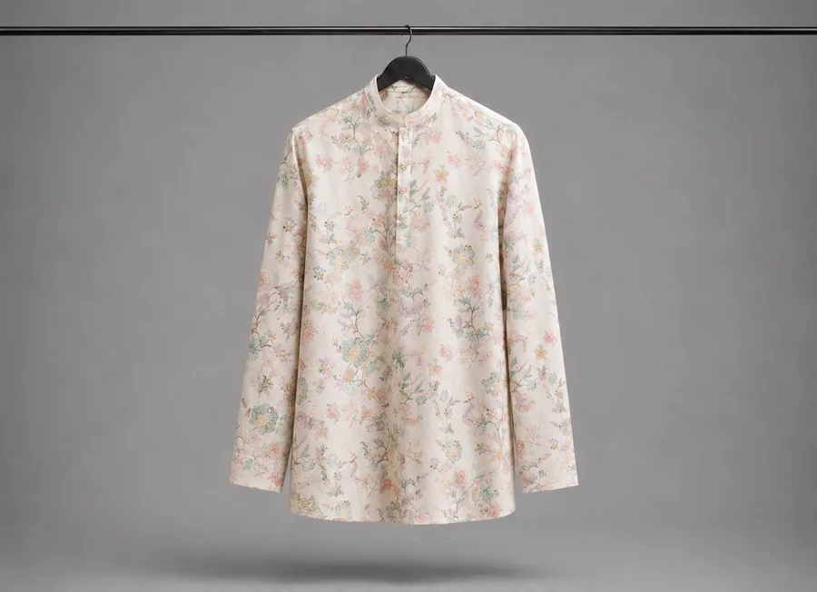 Warm white short kurta with a small all-over floral print, shown on a hanger