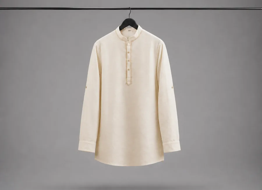 Cream short kurta with an embroidered placket and mandarin collar, shown on a hanger