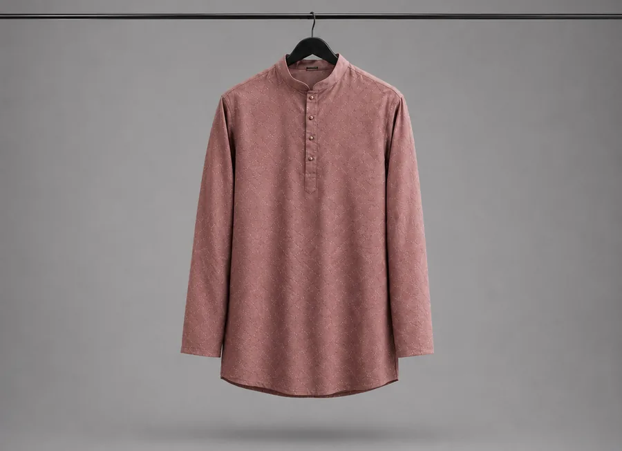 Dusty pink short kurta with a fine textured weave, shown on a hanger